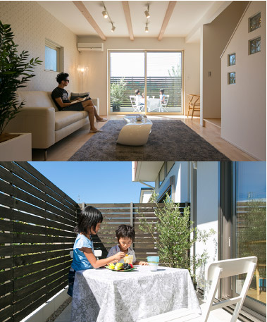 リビングの空間をそのまま延長して、外とつなげたテラス。